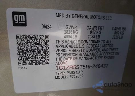 2024 Chevrolet Malibu Fwd Ls z USA, uszkodzony, nr VIN 1G1ZB5ST5RF246437